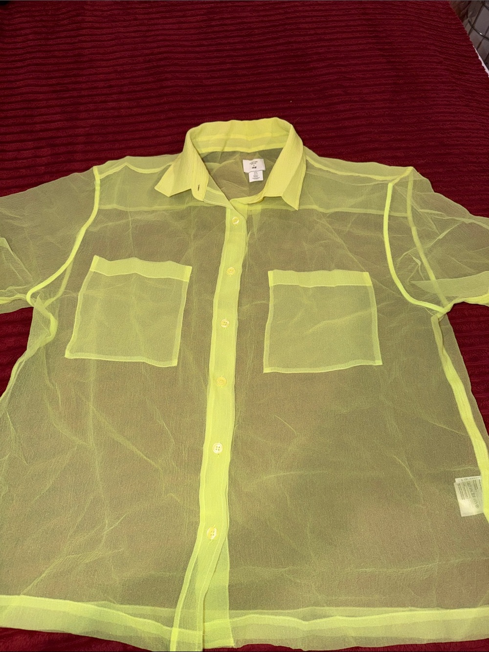 Justine Skye x H&M Sheer Neon Yellow Short-Sleeve Button-Up Shirt - Picture 2 of 6